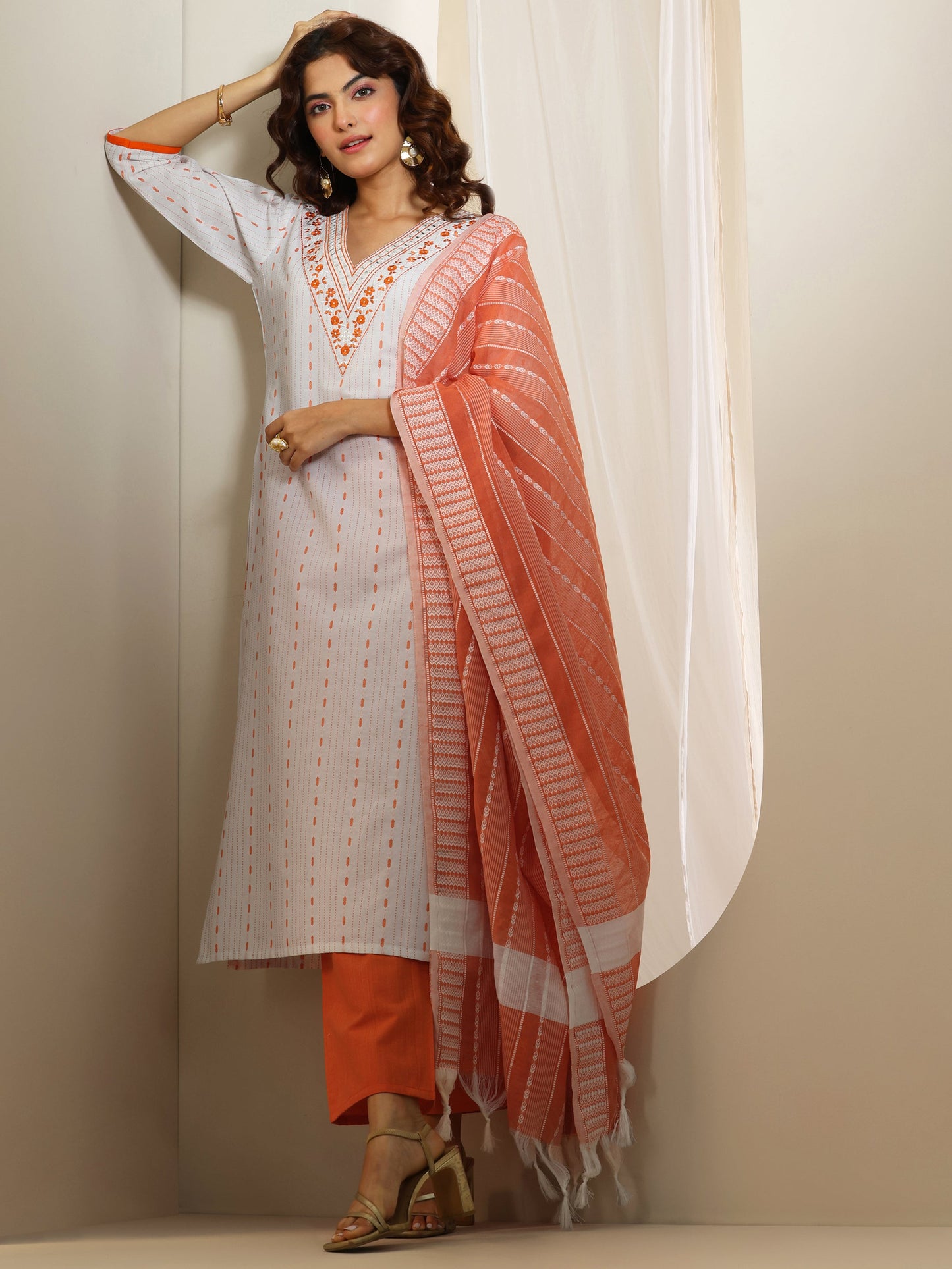 White Woven Design Cotton Blend Straight Suit Set With Dupatta