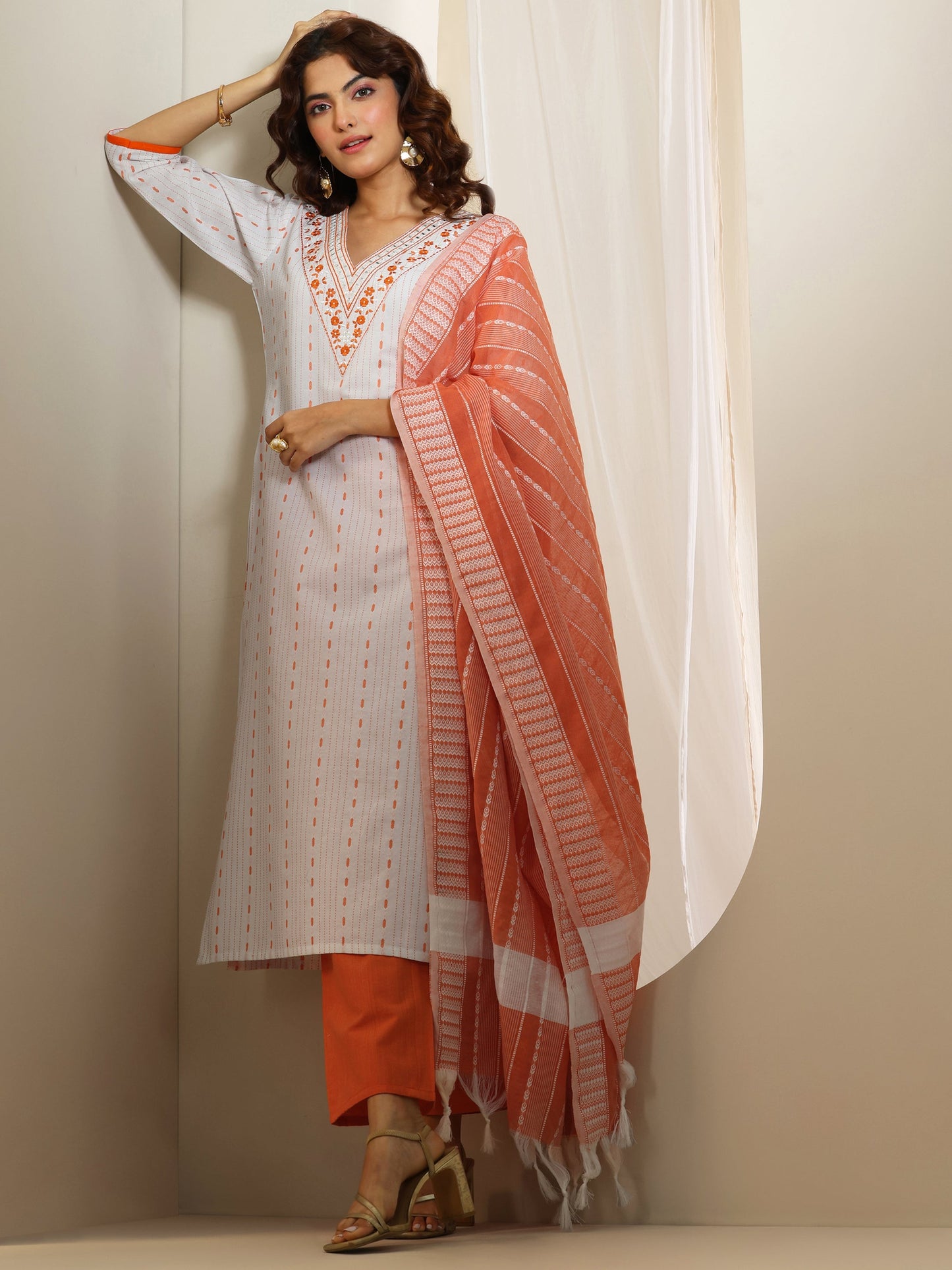 White Woven Design Cotton Blend Straight Suit Set With Dupatta