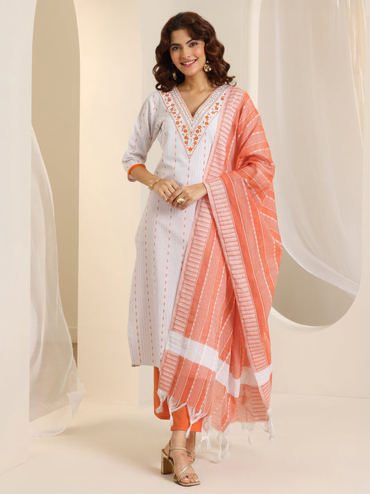 White Woven Design Cotton Blend Straight Suit Set With Dupatta