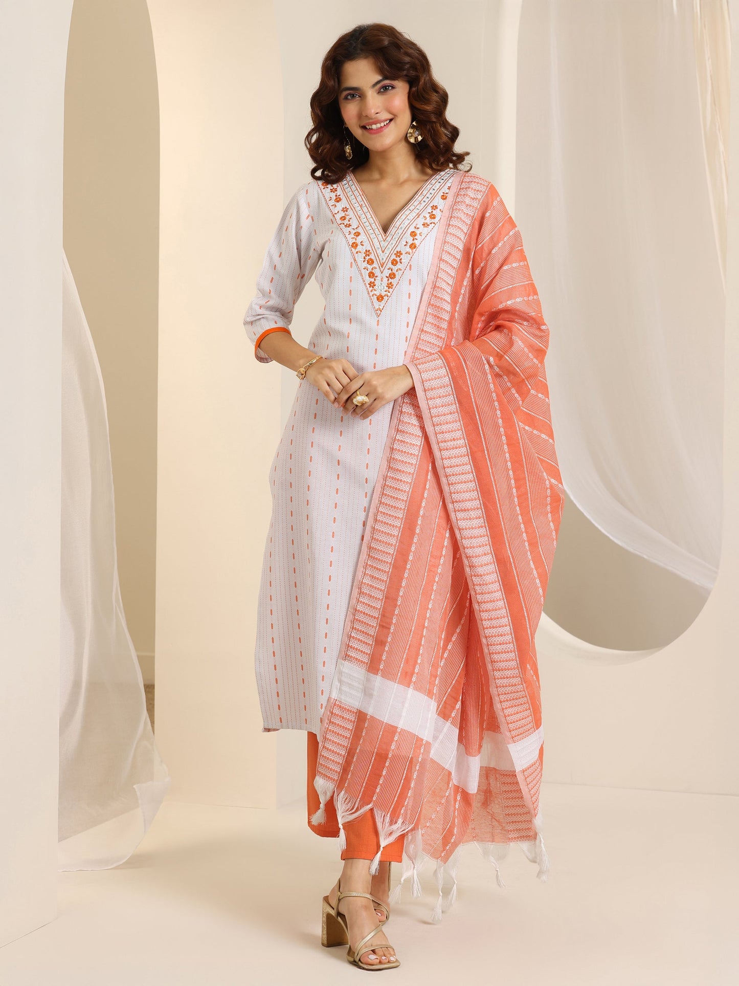 White Woven Design Cotton Blend Straight Suit Set With Dupatta