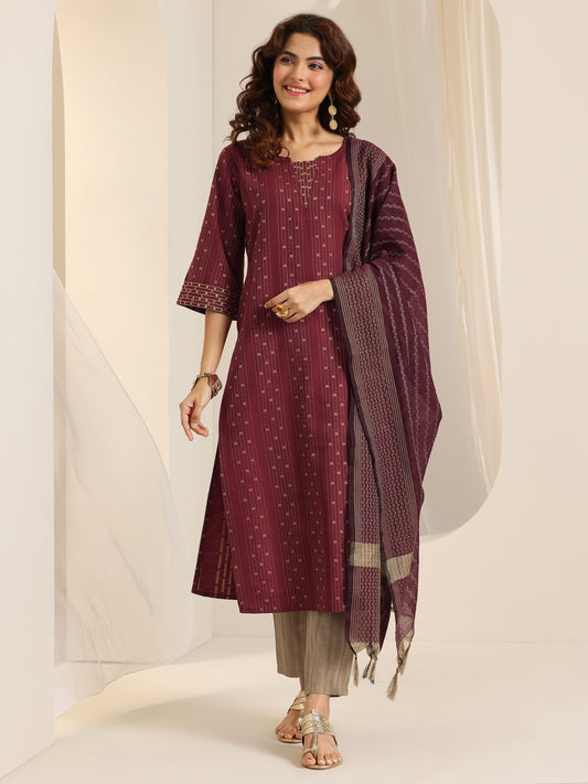 Rust Woven Design Cotton Blend Straight Suit Set With Dupatta