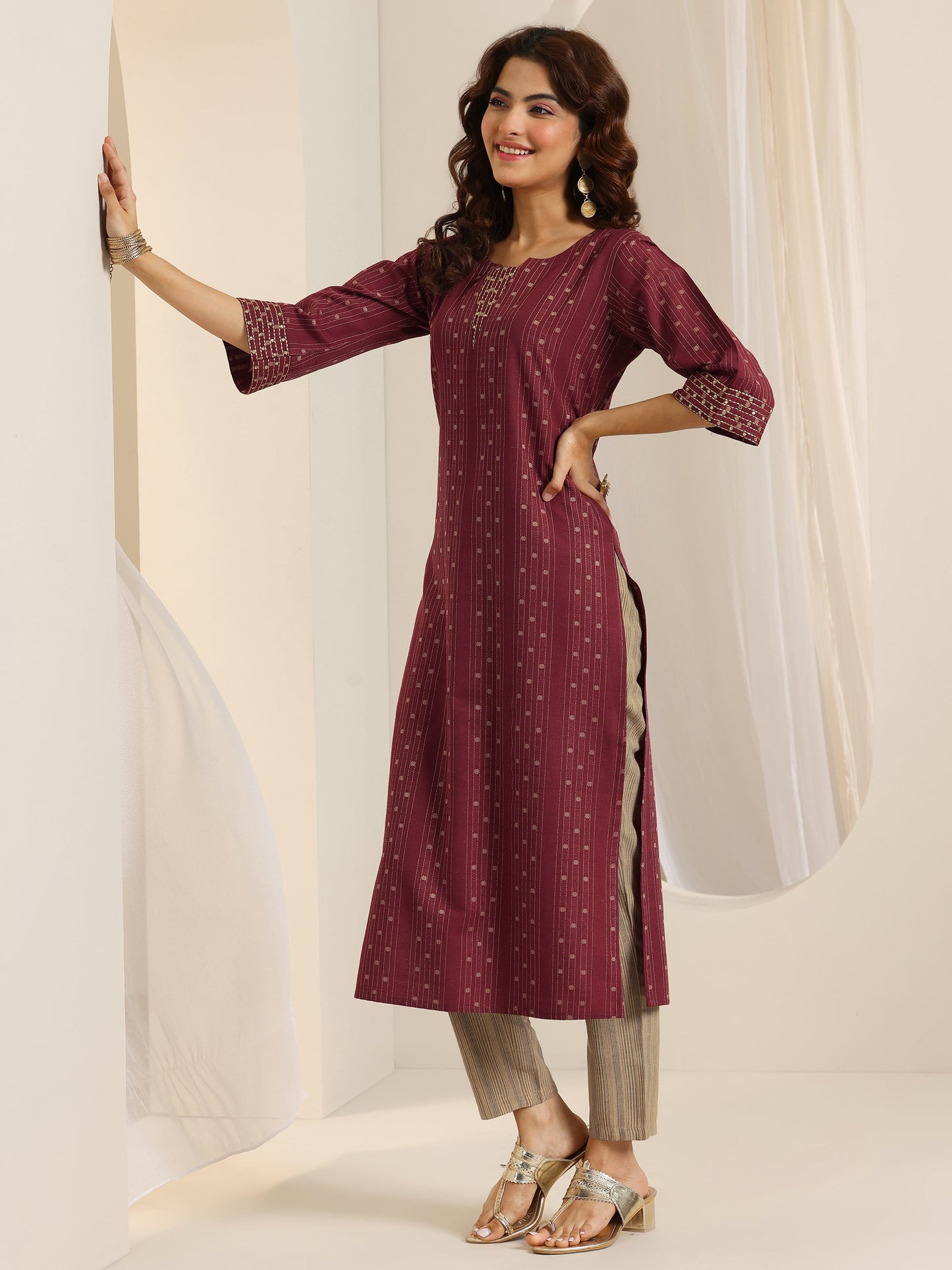 Rust Woven Design Cotton Blend Straight Suit Set With Dupatta