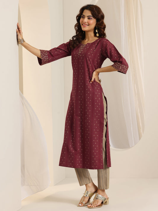 Rust Woven Design Cotton Blend Straight Suit Set With Dupatta