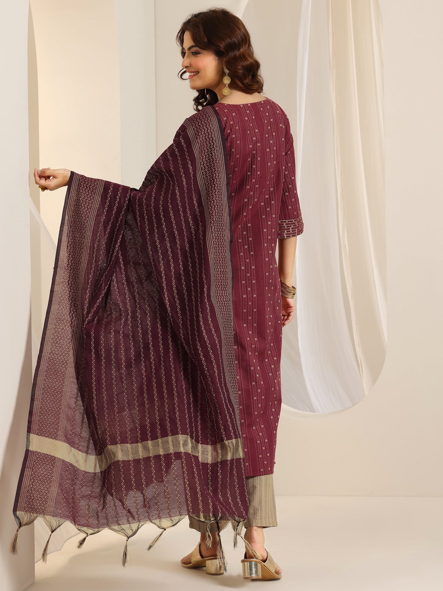 Rust Woven Design Cotton Blend Straight Suit Set With Dupatta