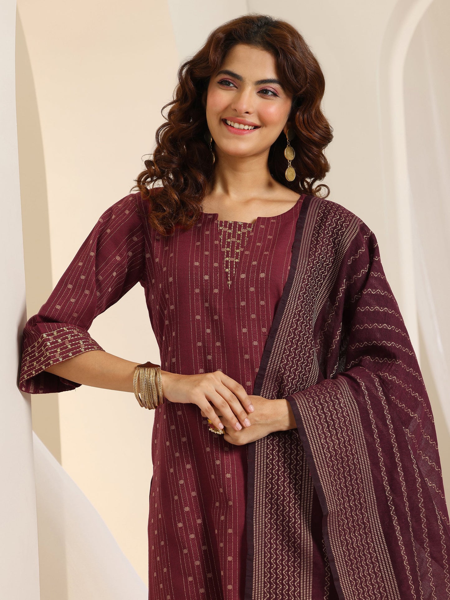 Rust Woven Design Cotton Blend Straight Suit Set With Dupatta