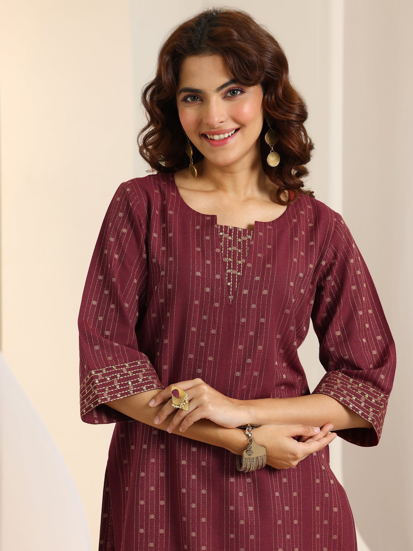 Rust Woven Design Cotton Blend Straight Suit Set With Dupatta