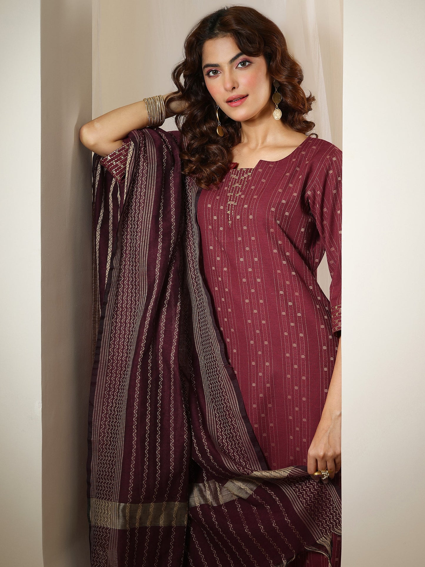 Rust Woven Design Cotton Blend Straight Suit Set With Dupatta