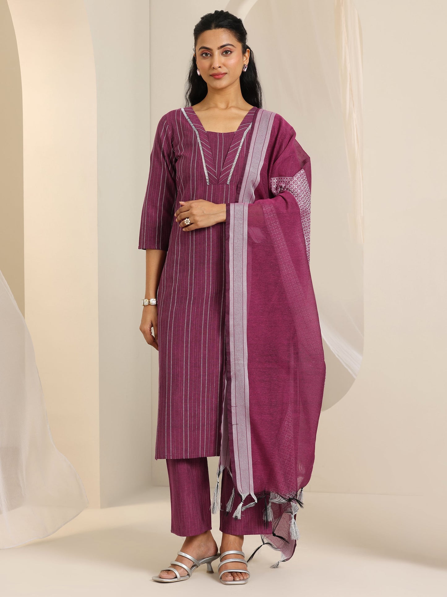 Magenta Woven Design Cotton Blend Straight Suit Set With Dupatta
