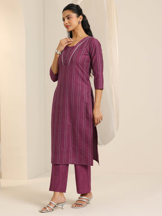 Magenta Woven Design Cotton Blend Straight Suit Set With Dupatta