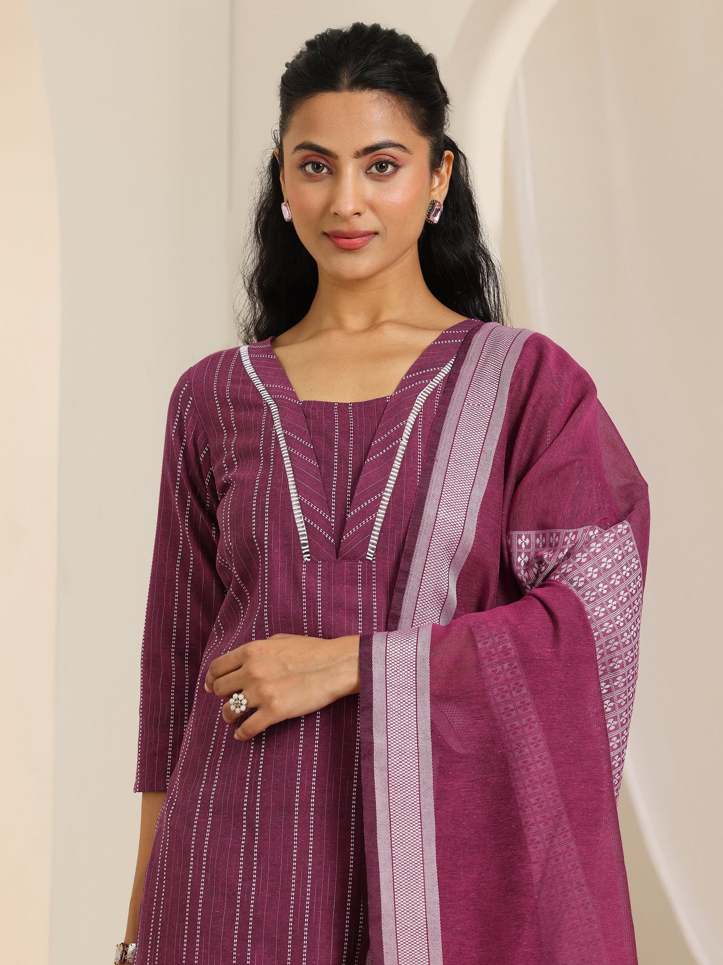 Magenta Woven Design Cotton Blend Straight Suit Set With Dupatta