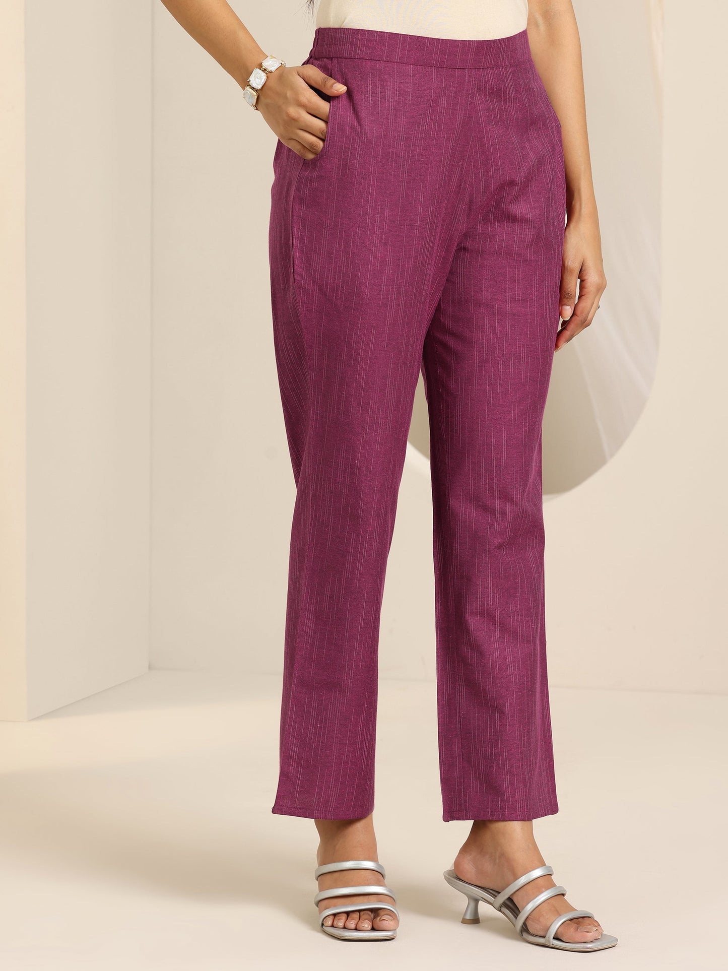 Magenta Woven Design Cotton Blend Straight Suit Set With Dupatta