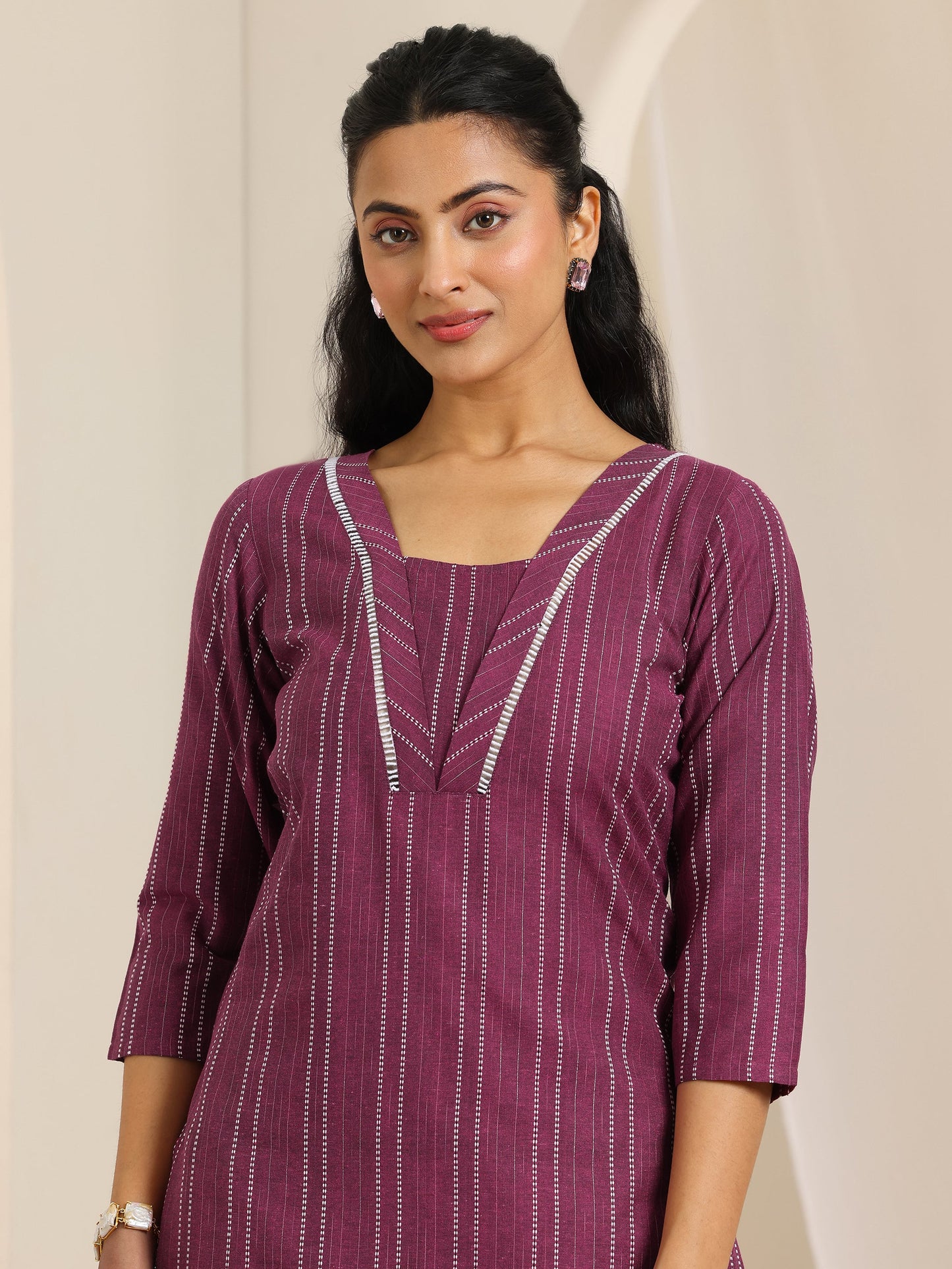 Magenta Woven Design Cotton Blend Straight Suit Set With Dupatta