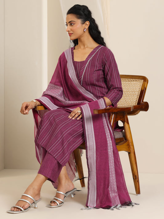 Magenta Woven Design Cotton Blend Straight Suit Set With Dupatta