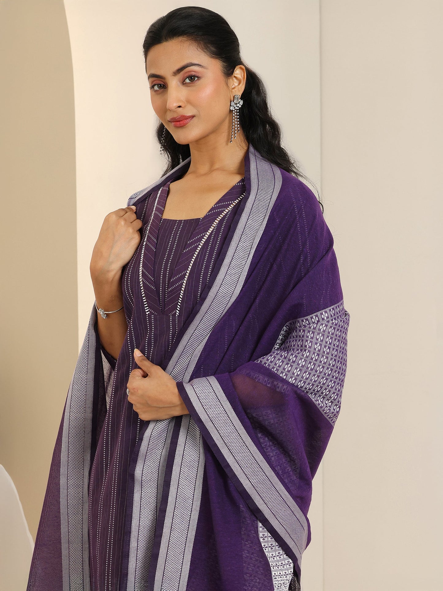 Wine Woven Design Cotton Blend Straight Suit Set With Dupatta
