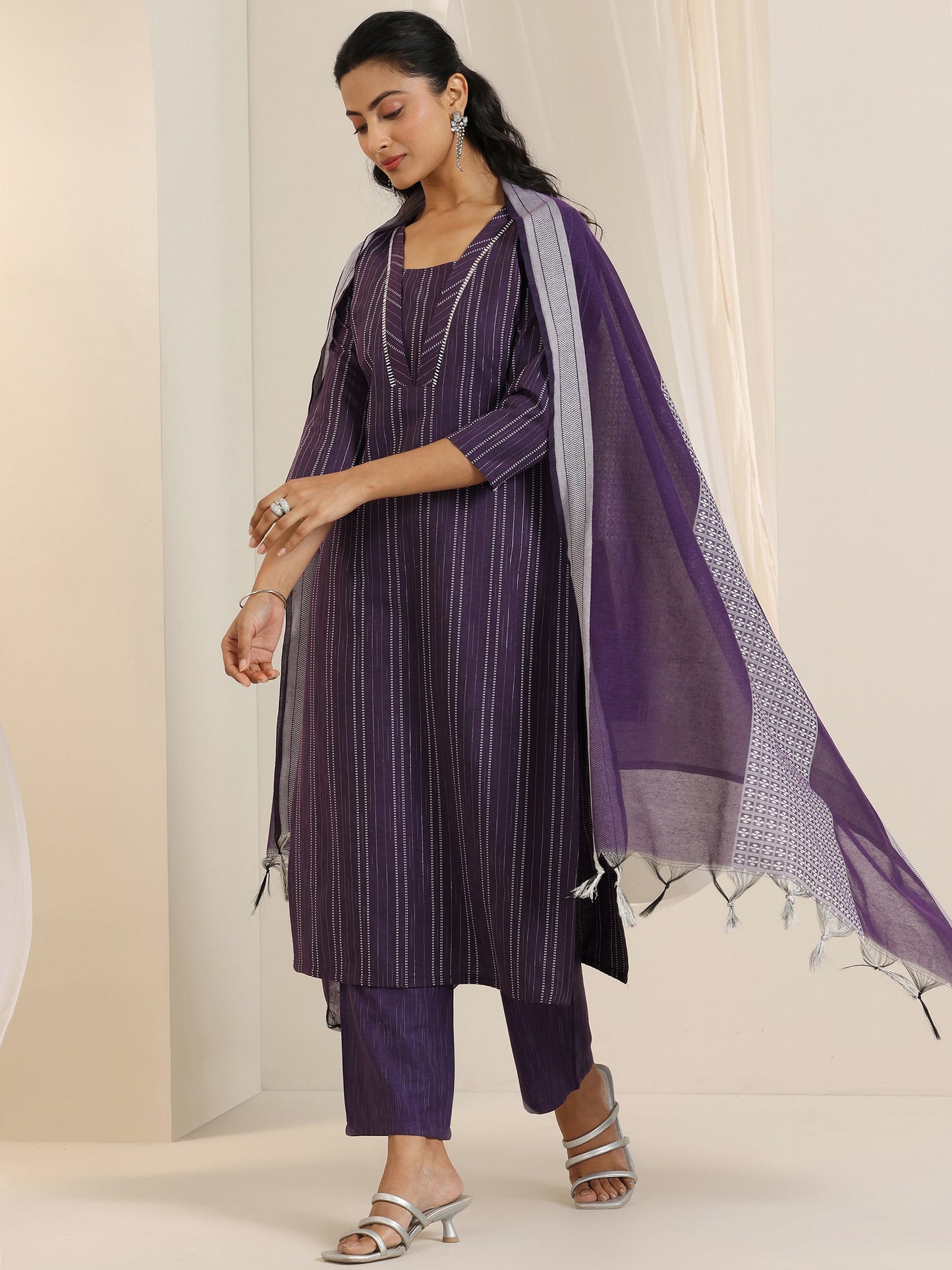 Wine Woven Design Cotton Blend Straight Suit Set With Dupatta