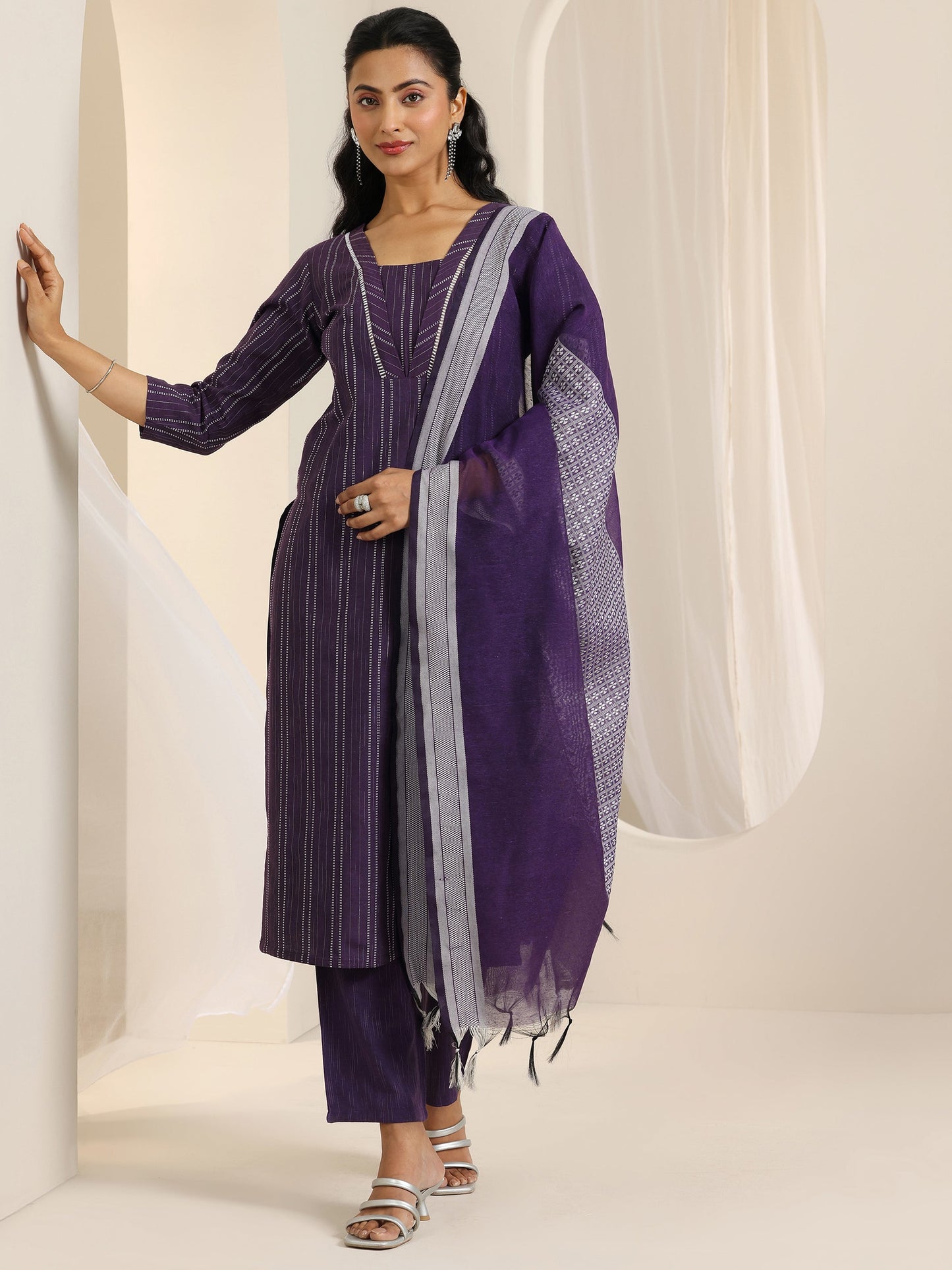 Wine Woven Design Cotton Blend Straight Suit Set With Dupatta