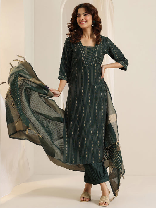 Green Woven Design Cotton Blend Straight Suit Set With Dupatta