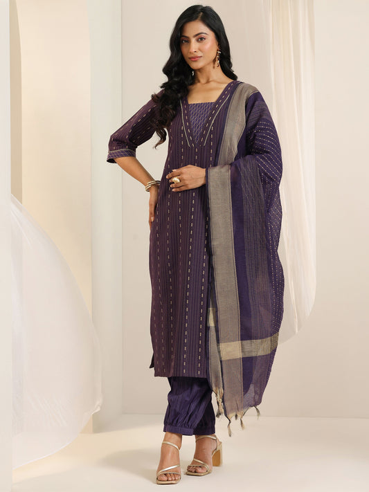Wine Woven Design Cotton Blend Straight Suit Set With Dupatta