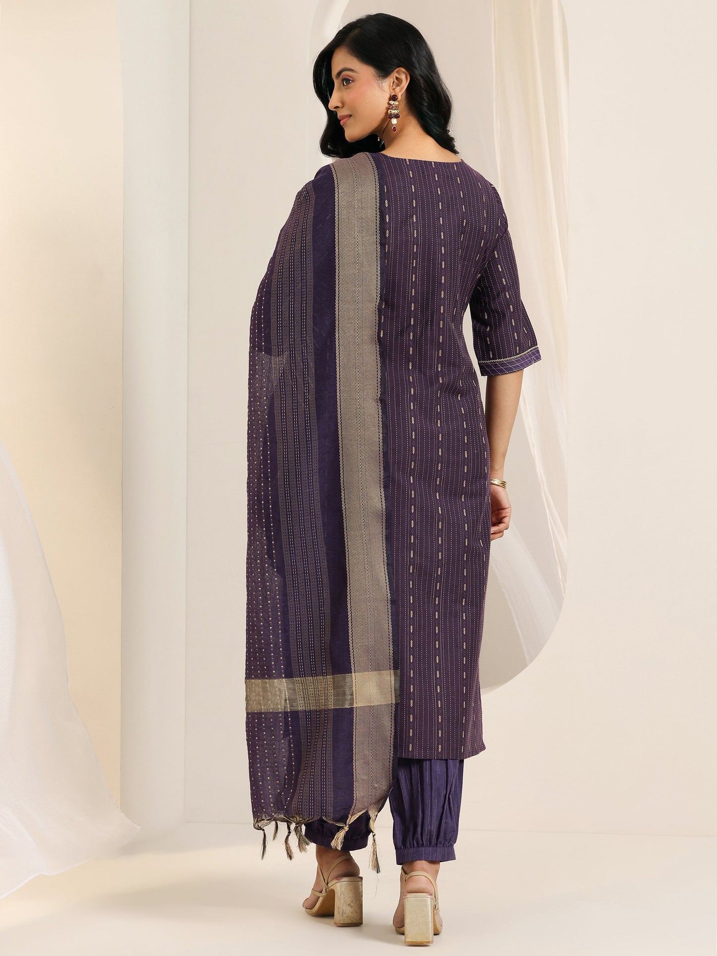 Wine Woven Design Cotton Blend Straight Suit Set With Dupatta