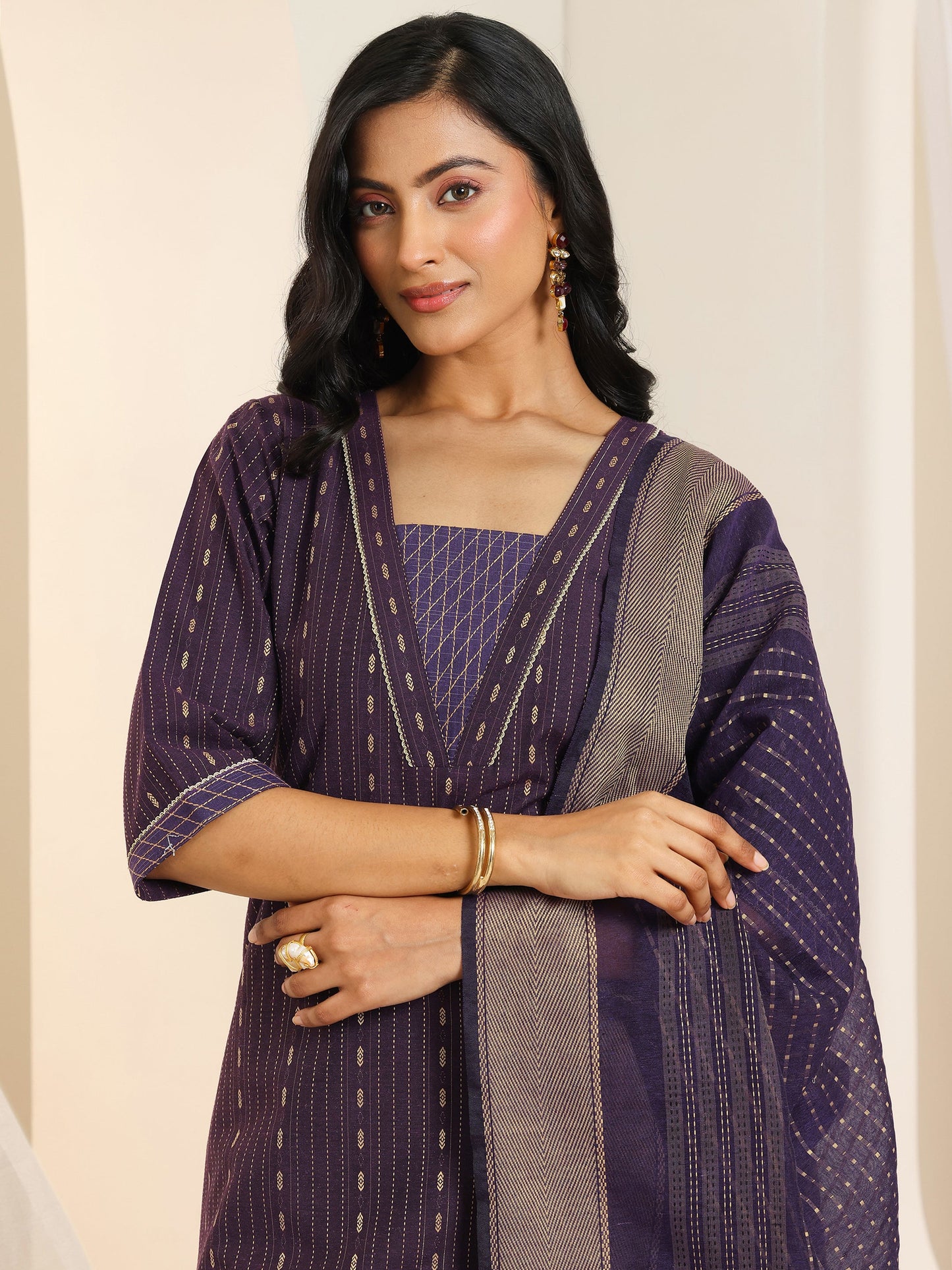 Wine Woven Design Cotton Blend Straight Suit Set With Dupatta