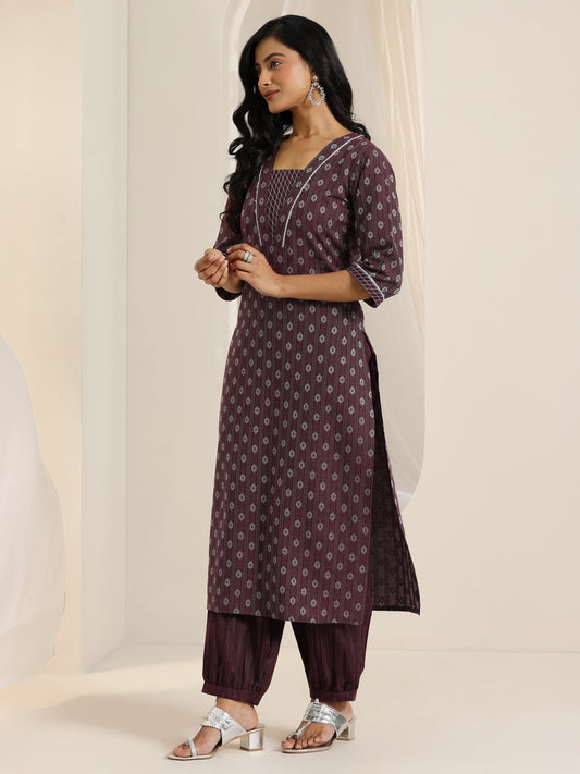 Maroon Woven Design Cotton Blend Straight Suit Set With Dupatta