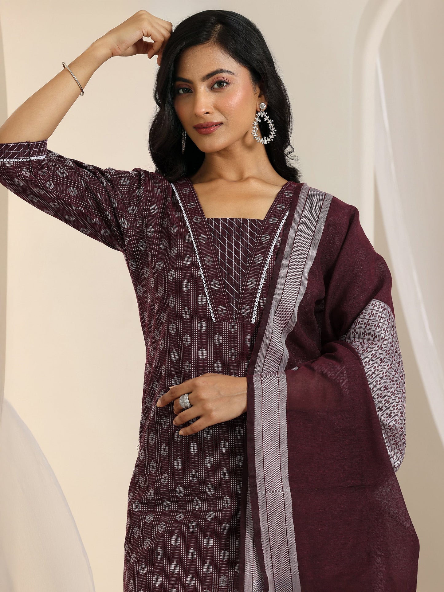 Maroon Woven Design Cotton Blend Straight Suit Set With Dupatta