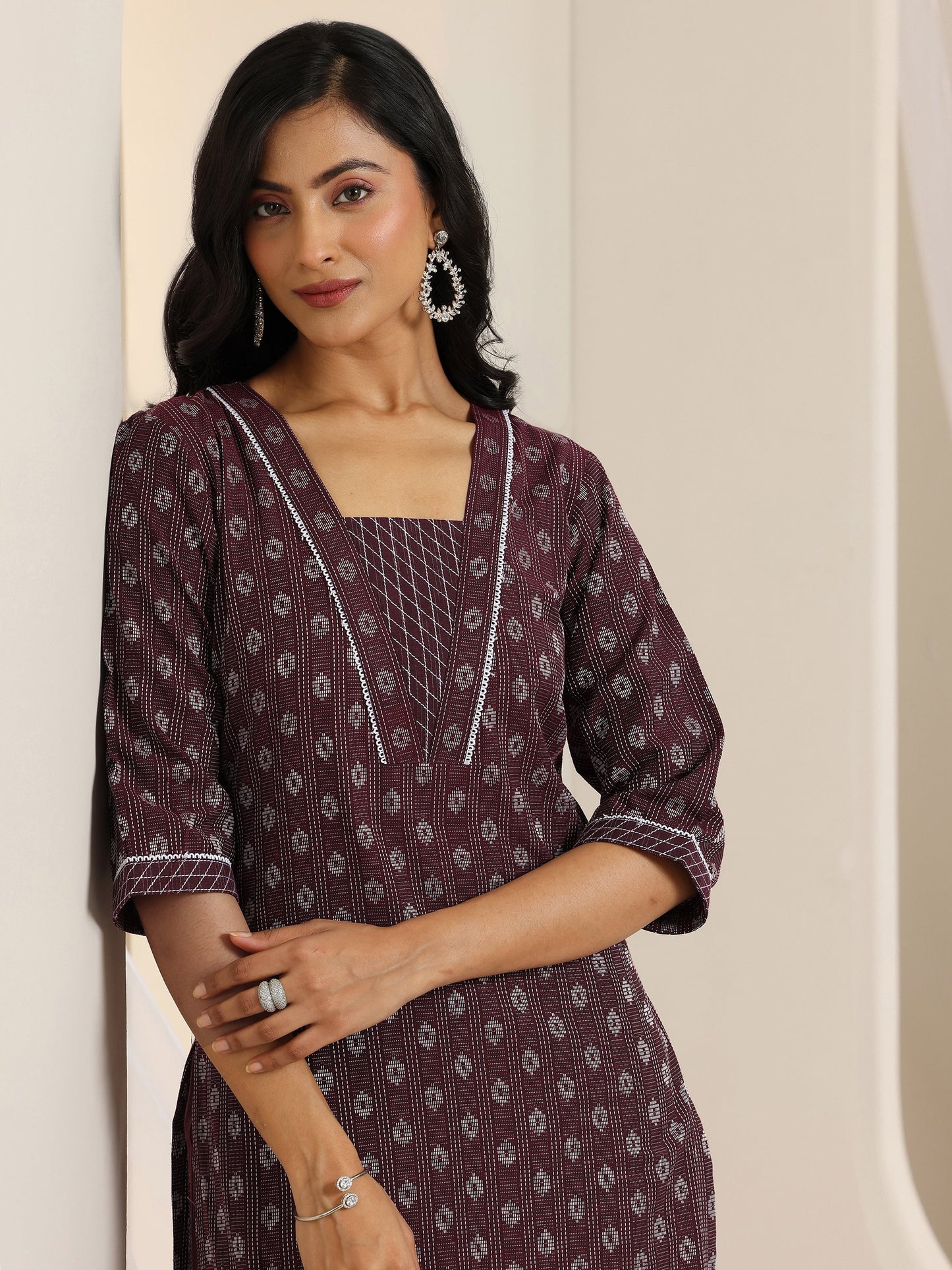 Maroon Woven Design Cotton Blend Straight Suit Set With Dupatta