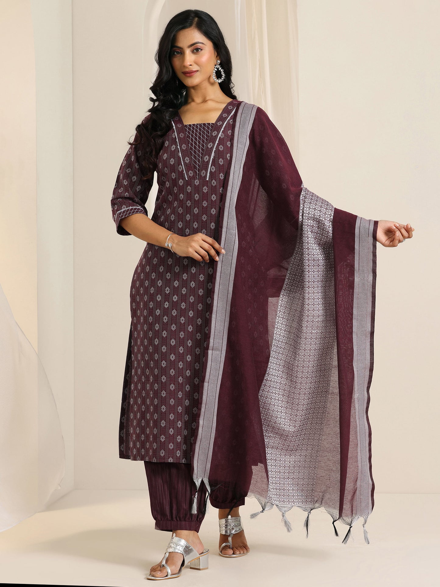 Maroon Woven Design Cotton Blend Straight Suit Set With Dupatta