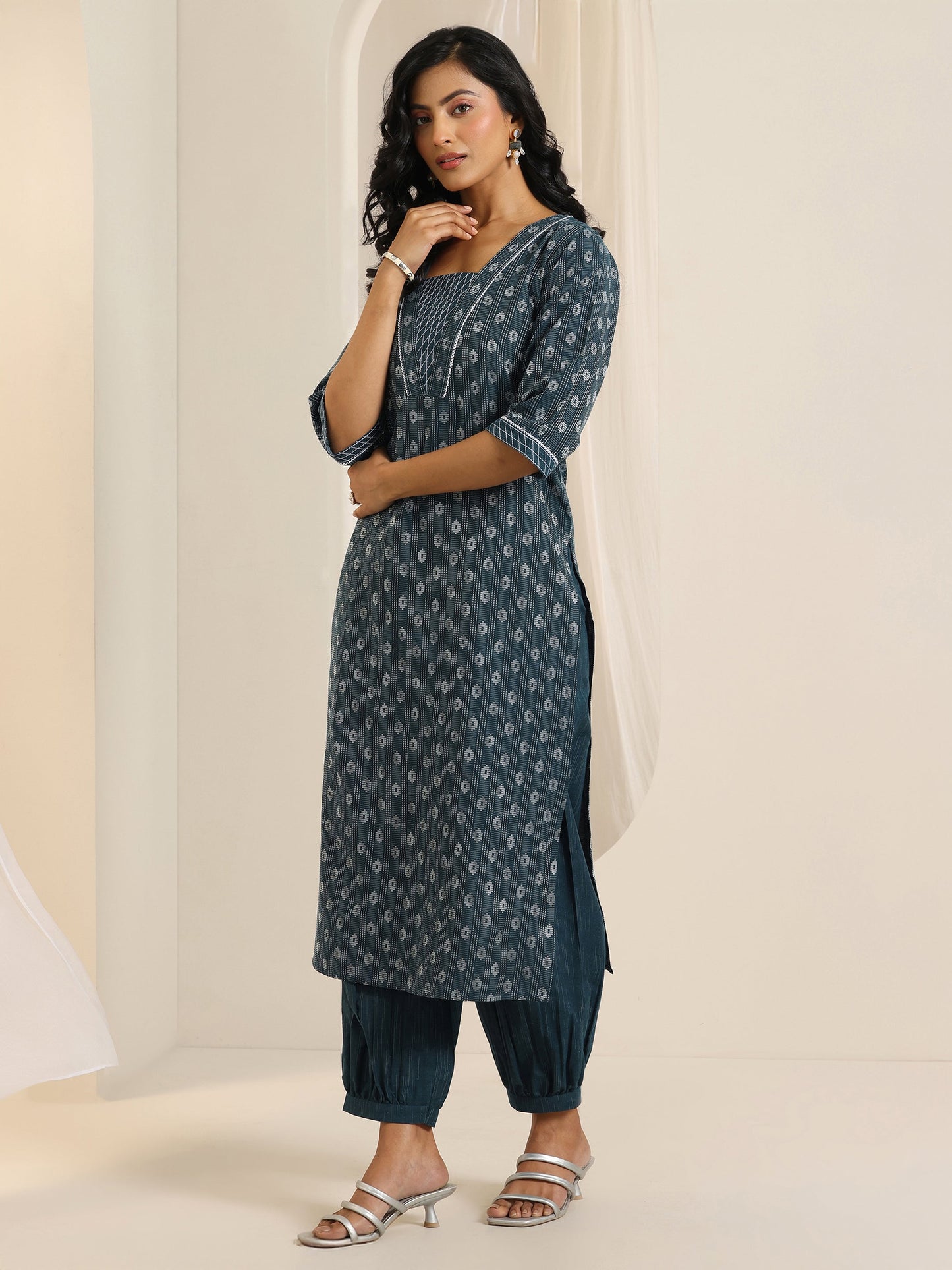 Teal Woven Design Cotton Blend Straight Suit Set With Dupatta