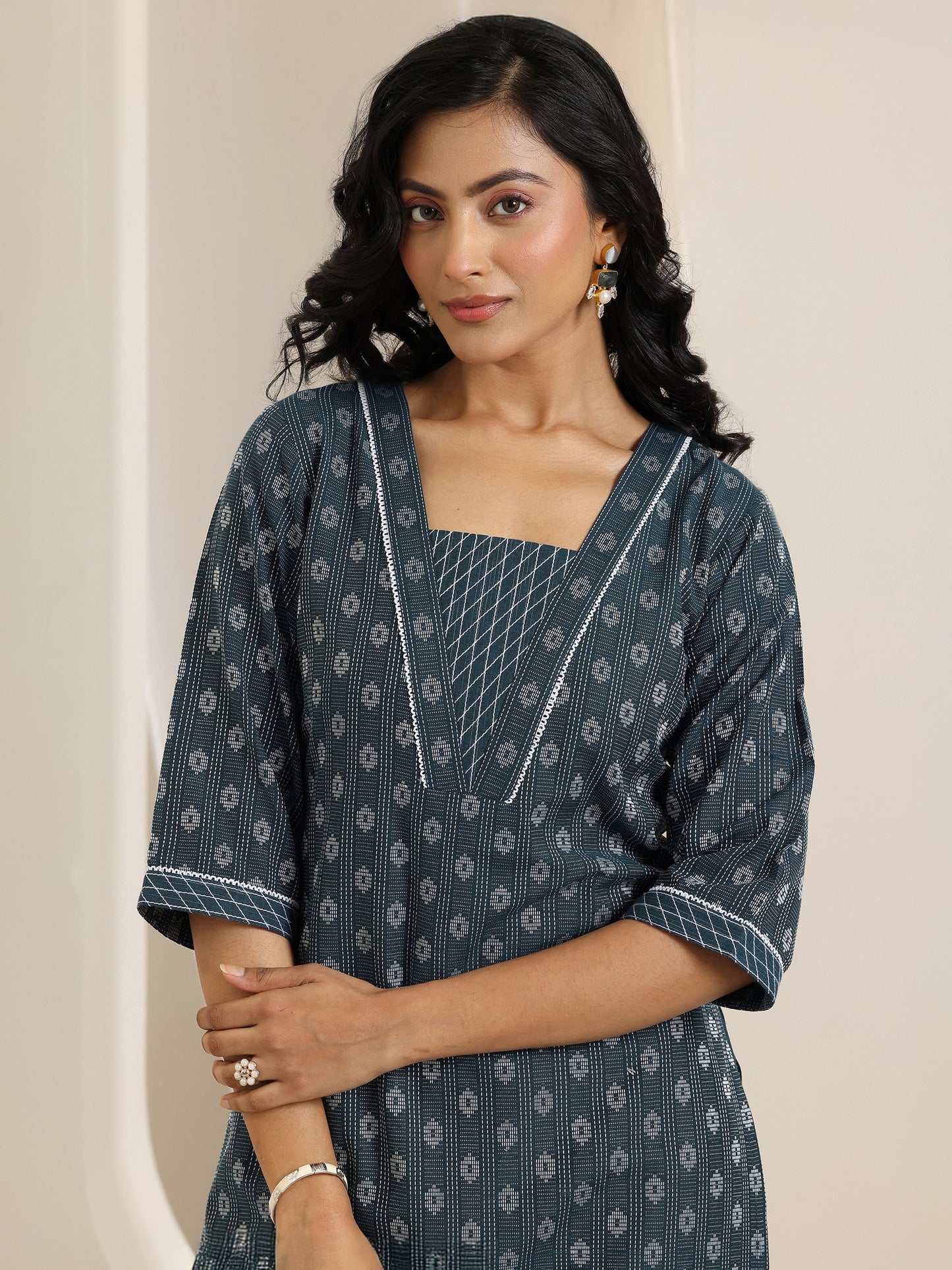 Teal Woven Design Cotton Blend Straight Suit Set With Dupatta