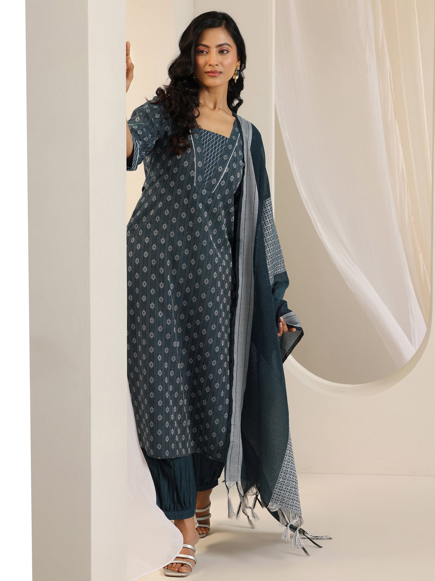 Teal Woven Design Cotton Blend Straight Suit Set With Dupatta