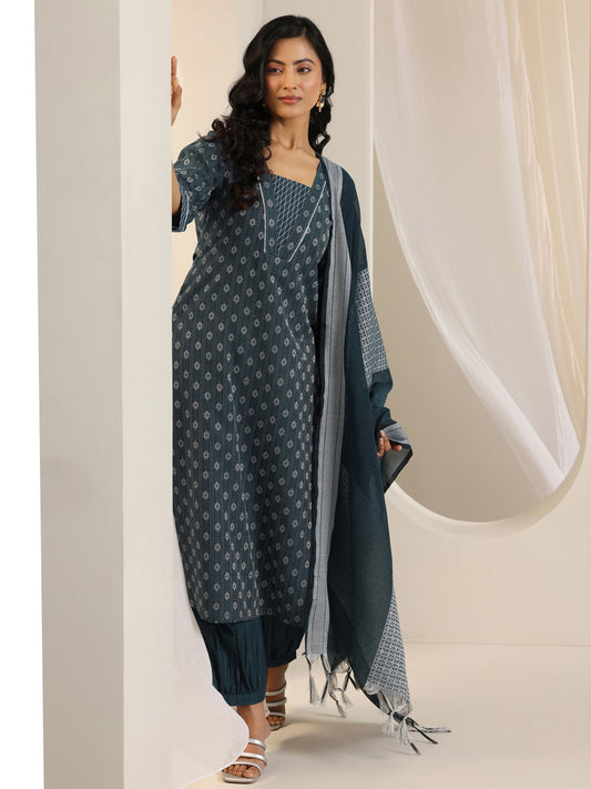 Teal Woven Design Cotton Blend Straight Suit Set With Dupatta