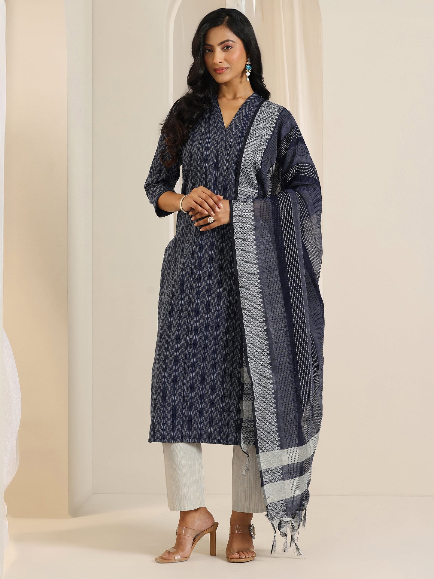Blue Woven Design Cotton Blend Straight Suit Set With Dupatta
