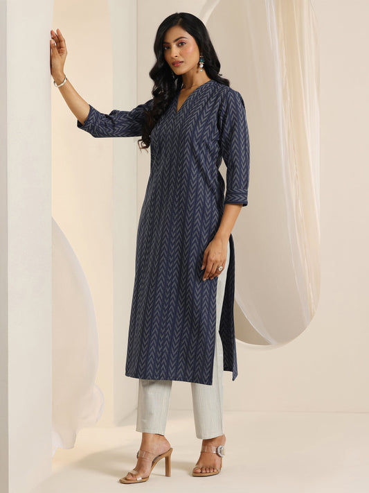 Blue Woven Design Cotton Blend Straight Suit Set With Dupatta