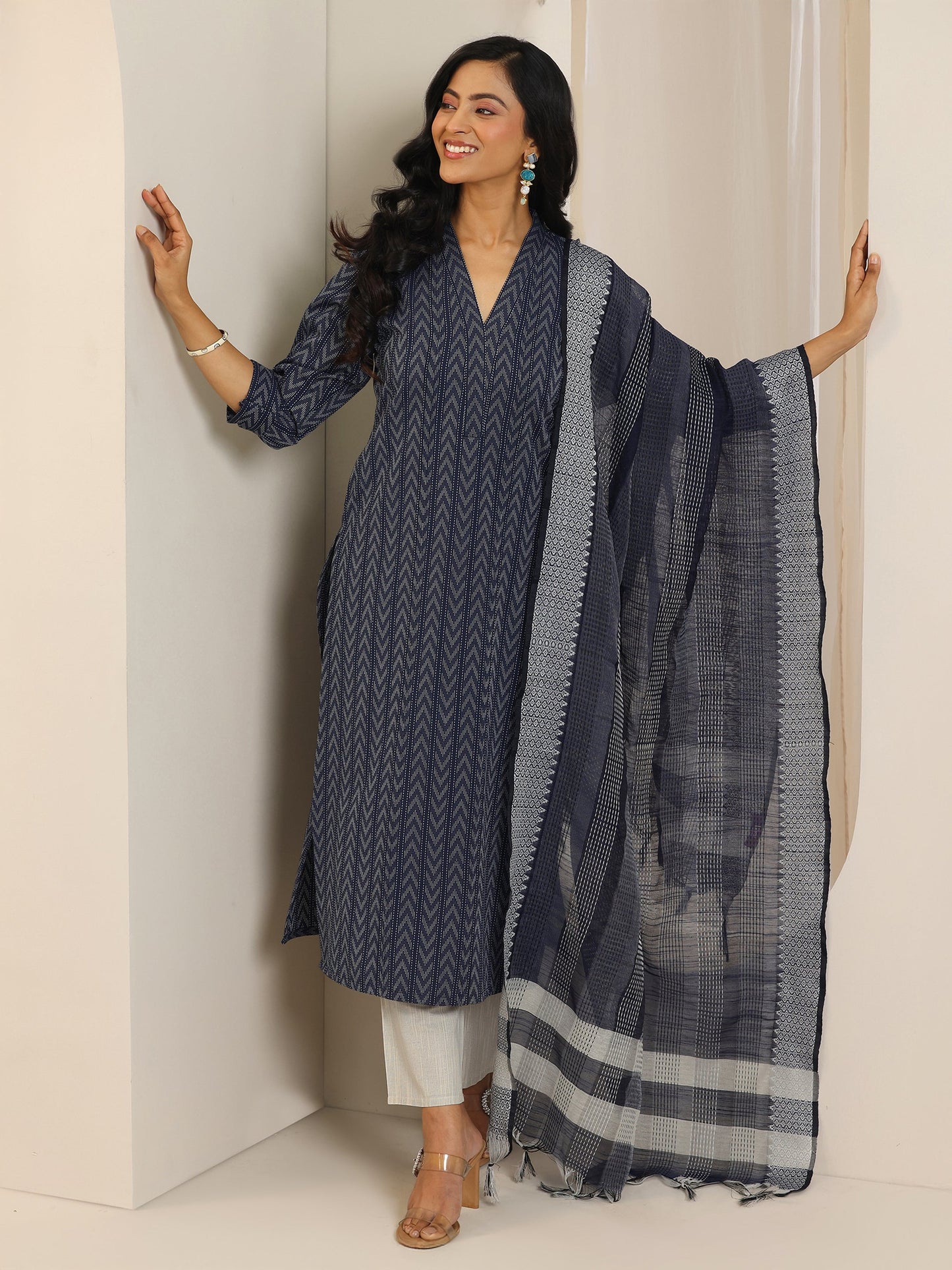 Blue Woven Design Cotton Blend Straight Suit Set With Dupatta