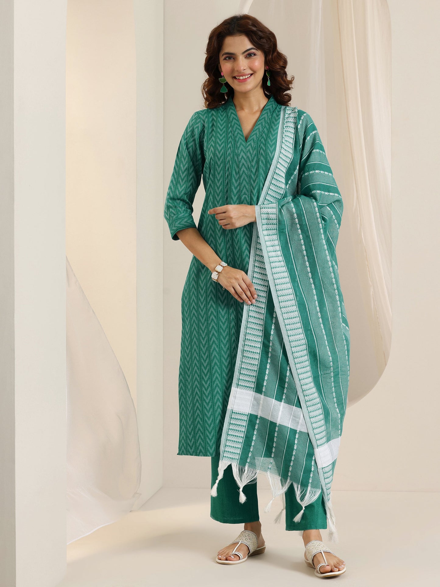 Teal Woven Design Cotton Blend Straight Suit Set With Dupatta