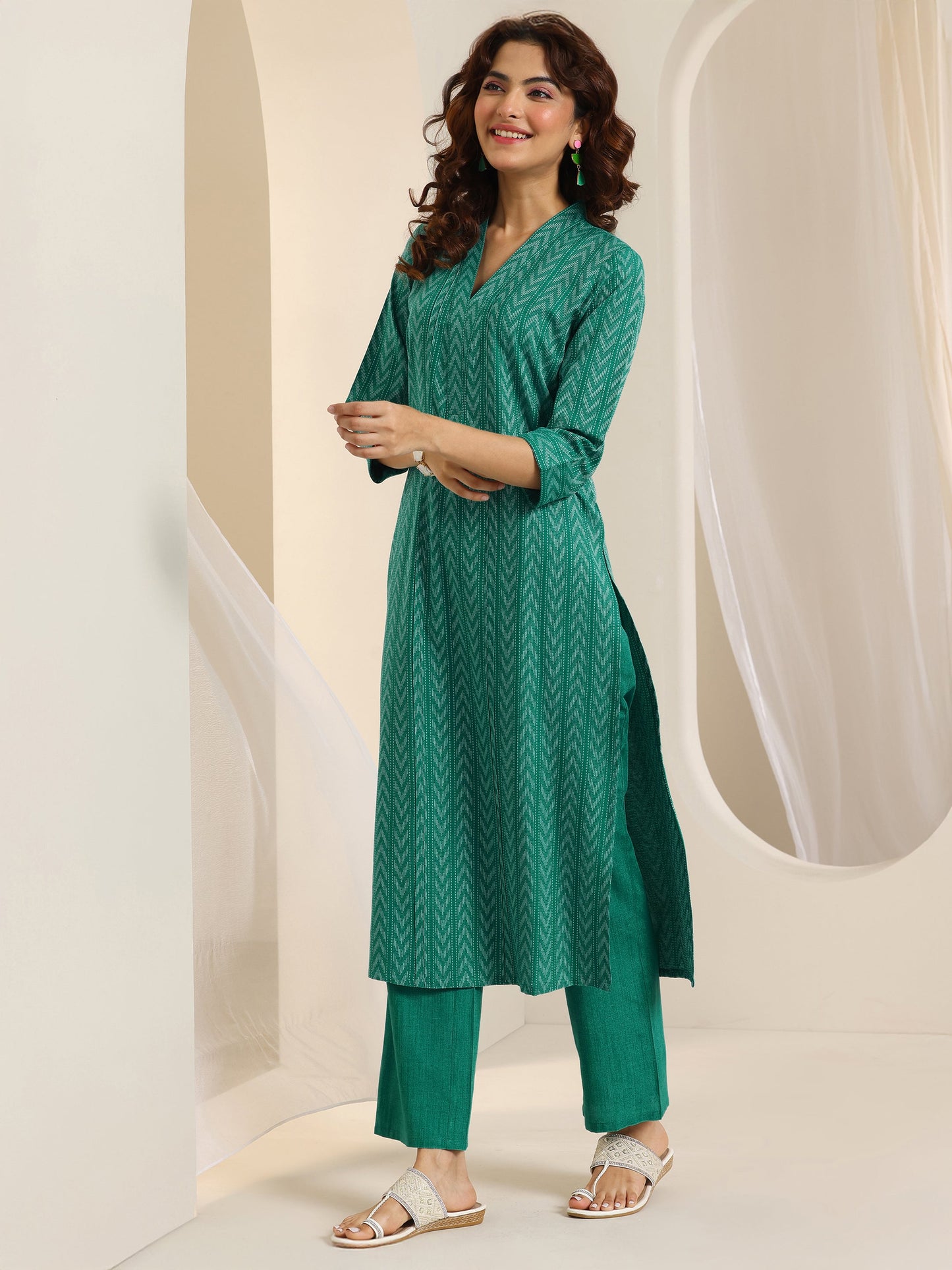 Teal Woven Design Cotton Blend Straight Suit Set With Dupatta