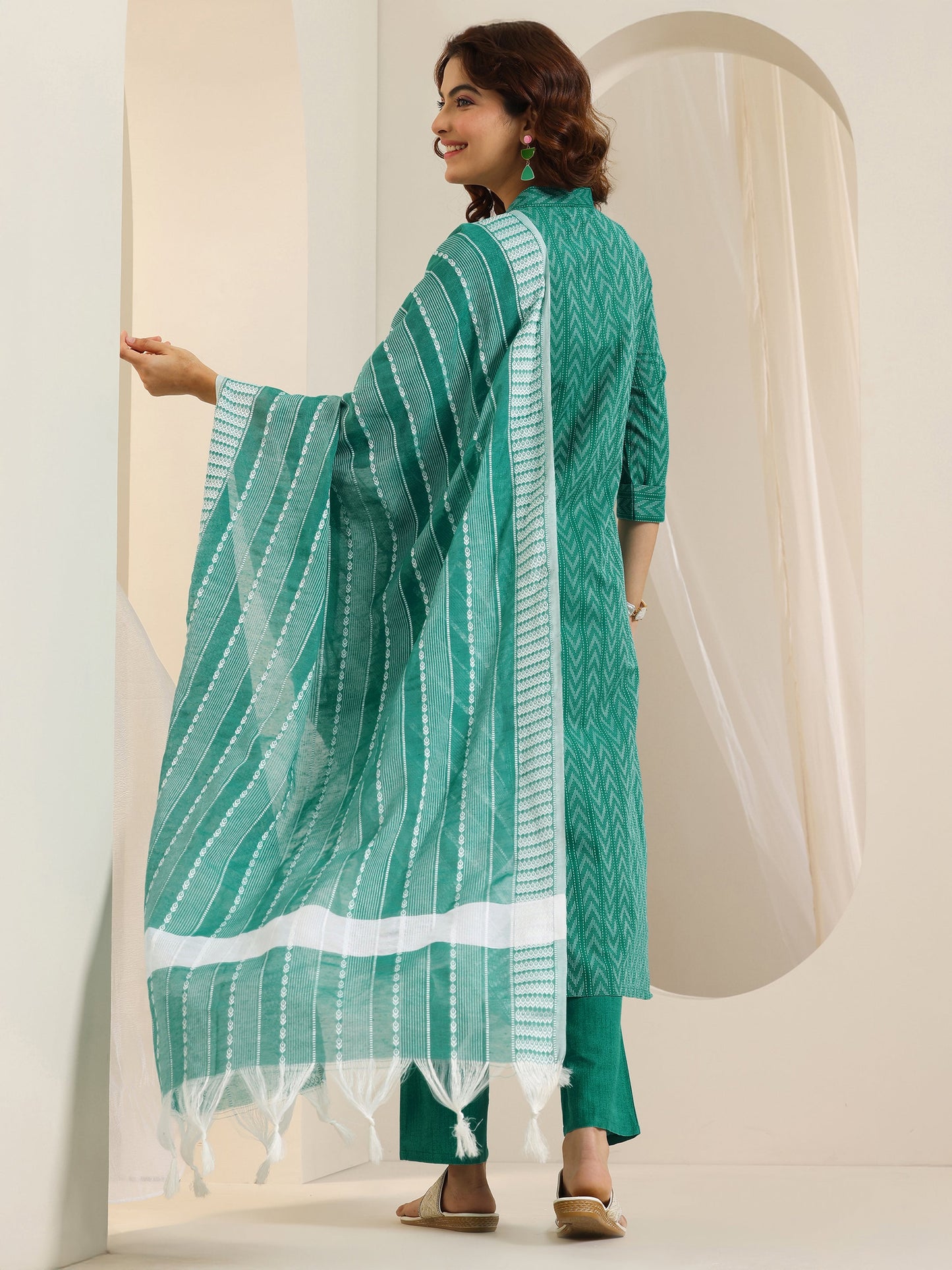 Teal Woven Design Cotton Blend Straight Suit Set With Dupatta