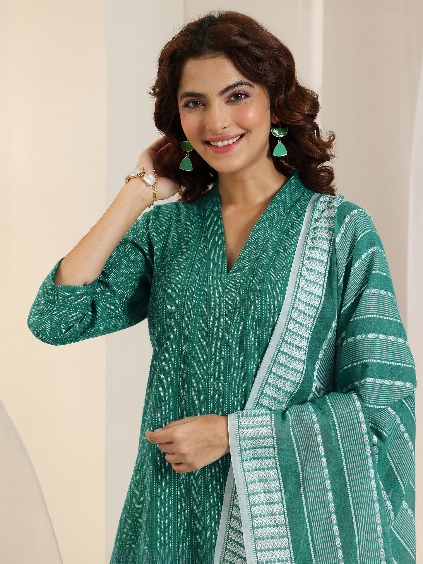 Teal Woven Design Cotton Blend Straight Suit Set With Dupatta