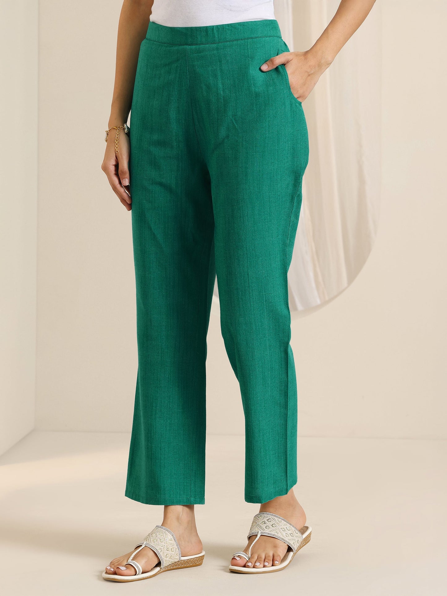 Teal Woven Design Cotton Blend Straight Suit Set With Dupatta