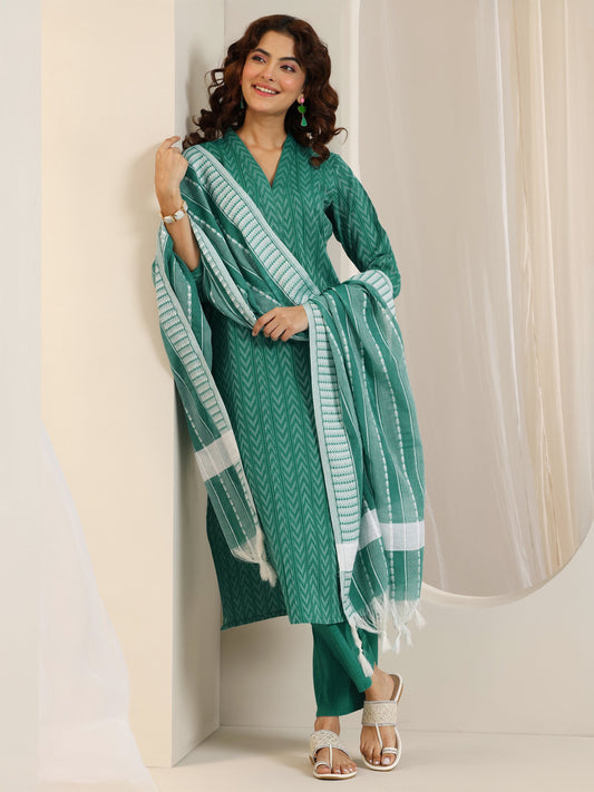 Teal Woven Design Cotton Blend Straight Suit Set With Dupatta