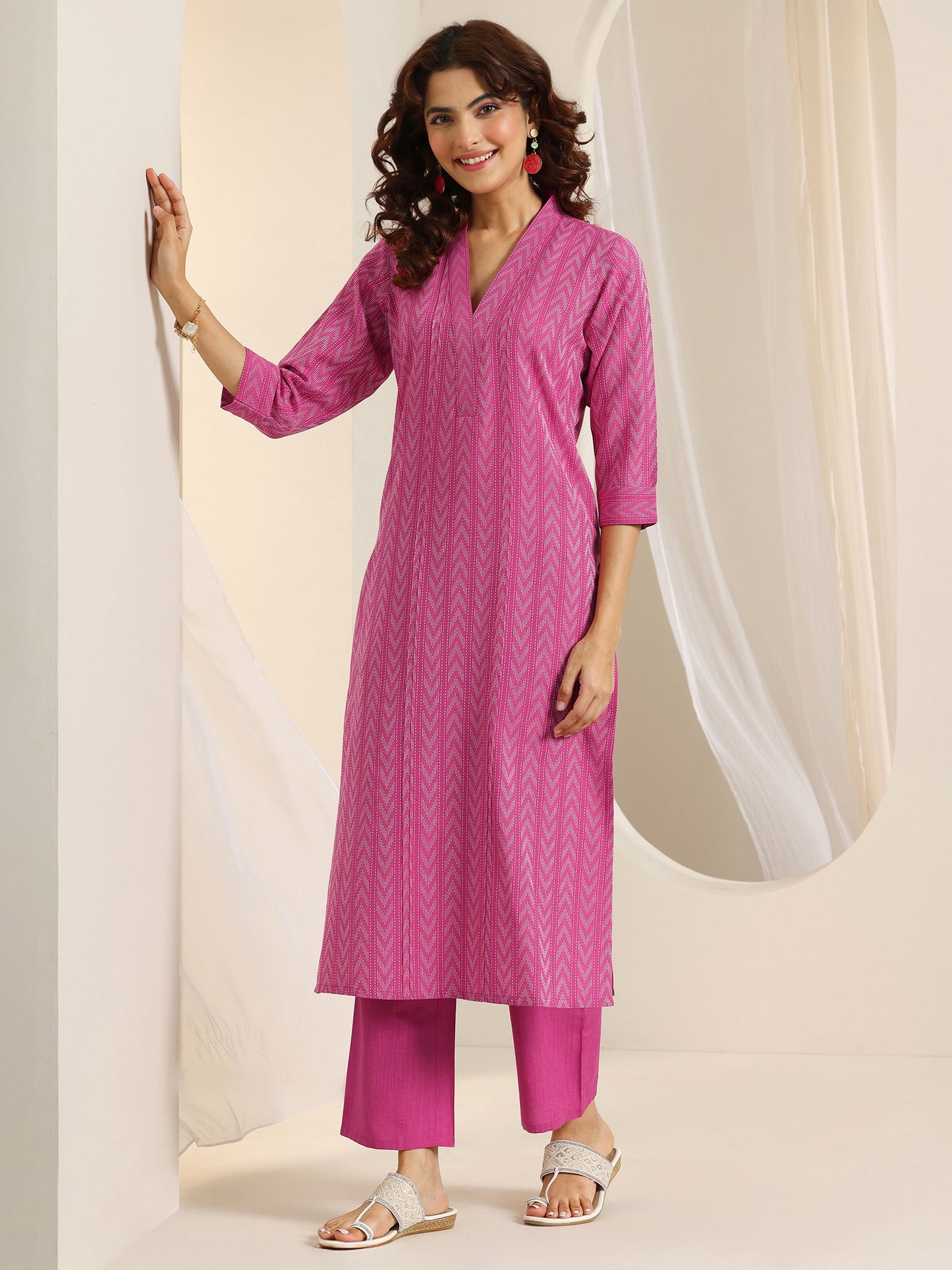 Pink Woven Design Cotton Blend Straight Suit Set With Dupatta