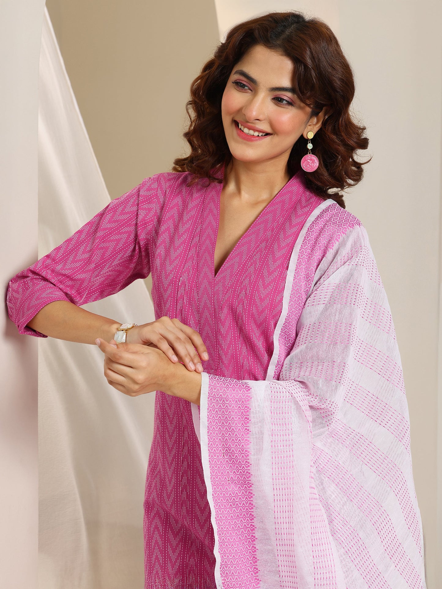 Pink Woven Design Cotton Blend Straight Suit Set With Dupatta