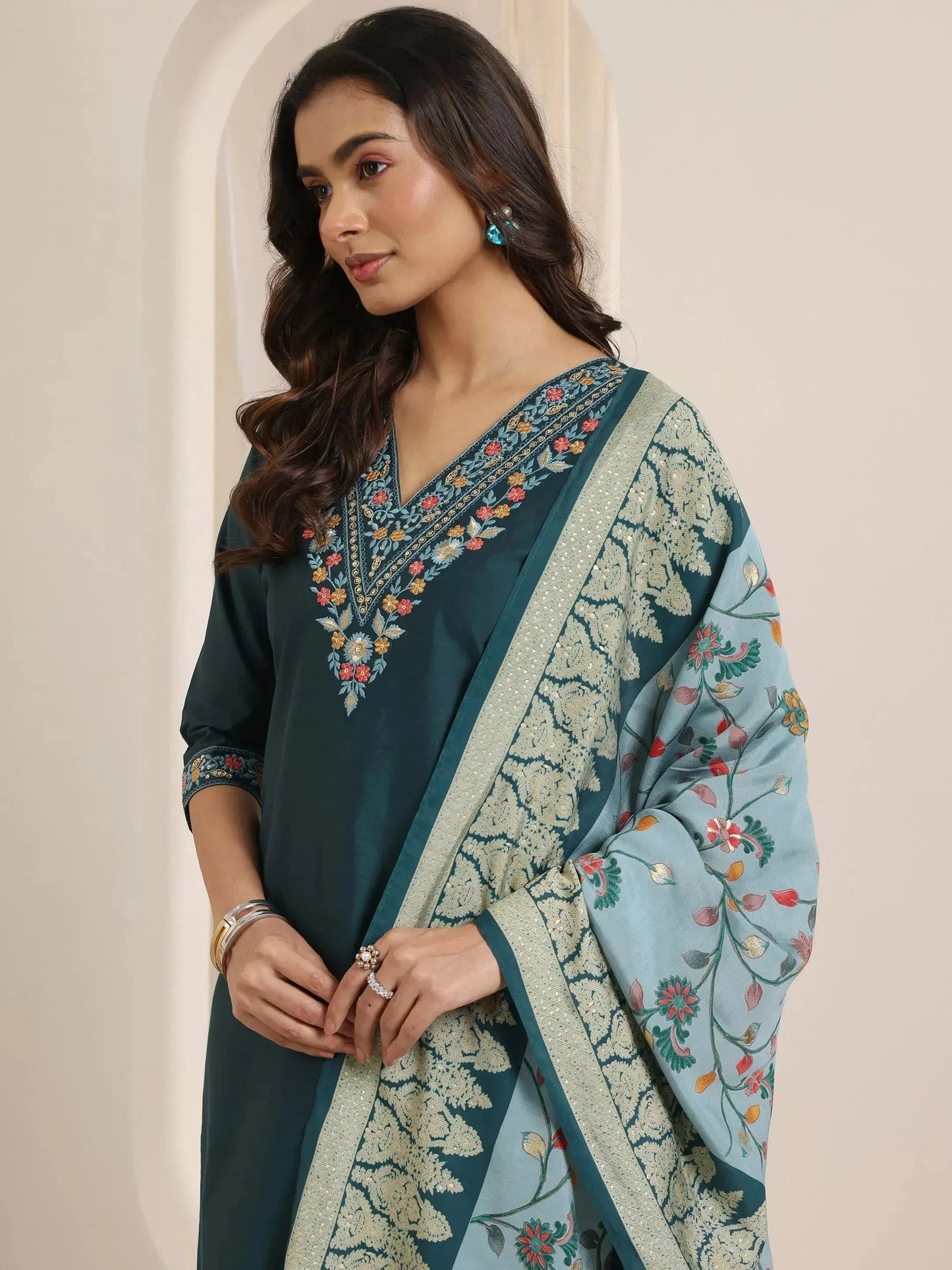 Teal Blue Yoke Design Viscose Rayon Straight Suit Set With Dupatta