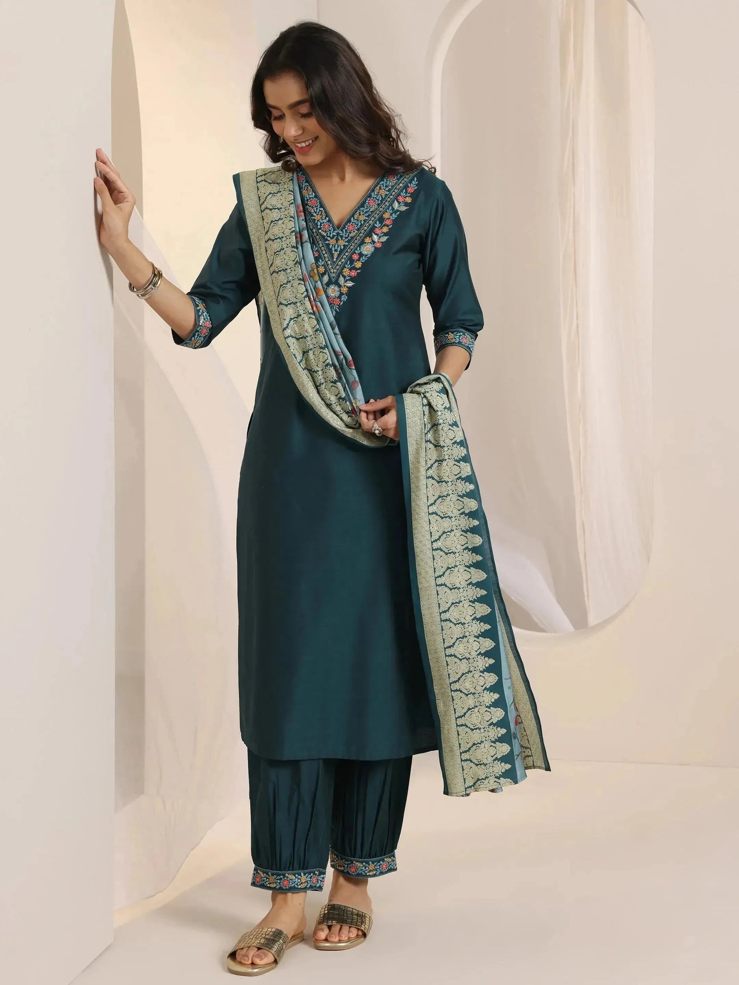 Teal Blue Yoke Design Viscose Rayon Straight Suit Set With Dupatta