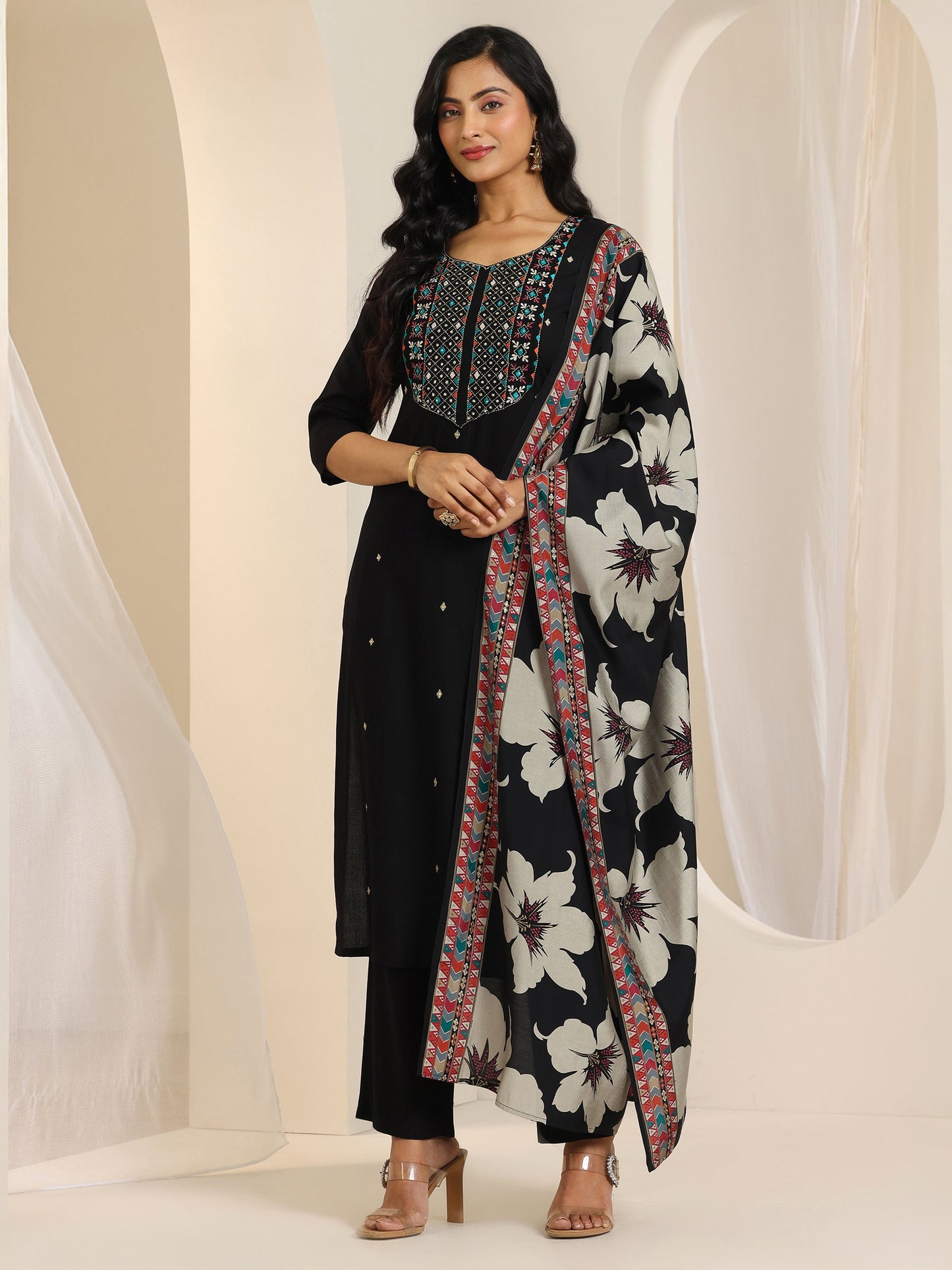 Black Embroidered Viscose Rayon Straight Suit Set With Dupatta