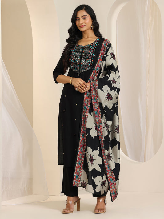 Black Embroidered Viscose Rayon Straight Suit Set With Dupatta
