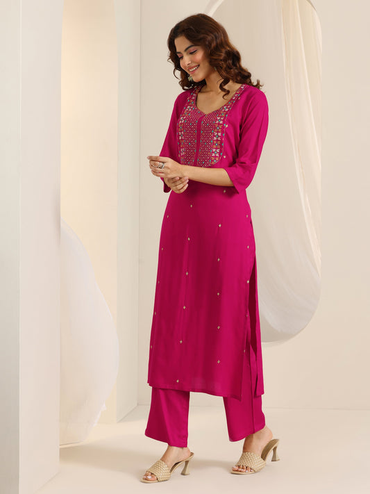 Pink Embroidered Viscose Rayon Straight Suit Set With Dupatta