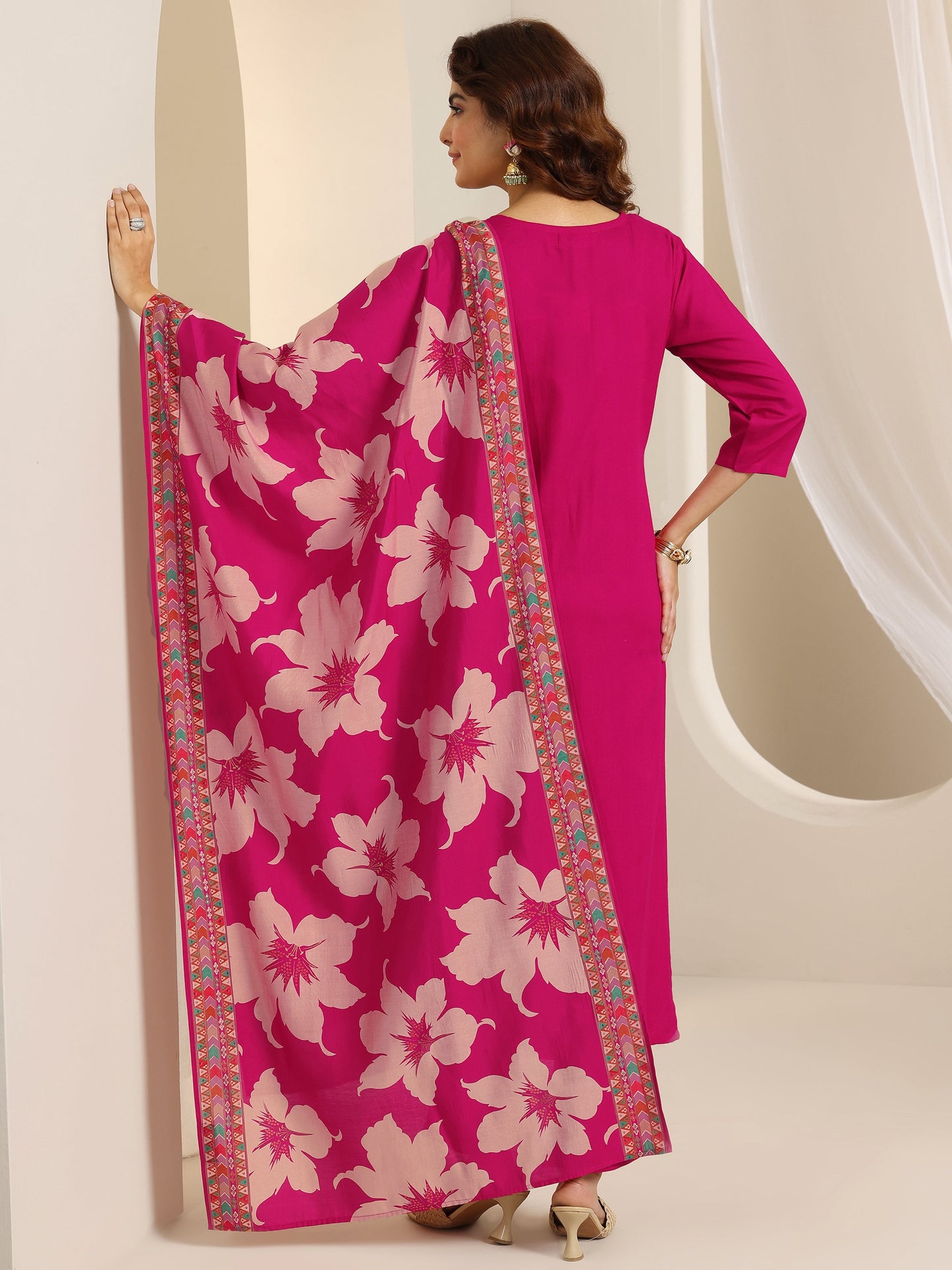 Pink Embroidered Viscose Rayon Straight Suit Set With Dupatta