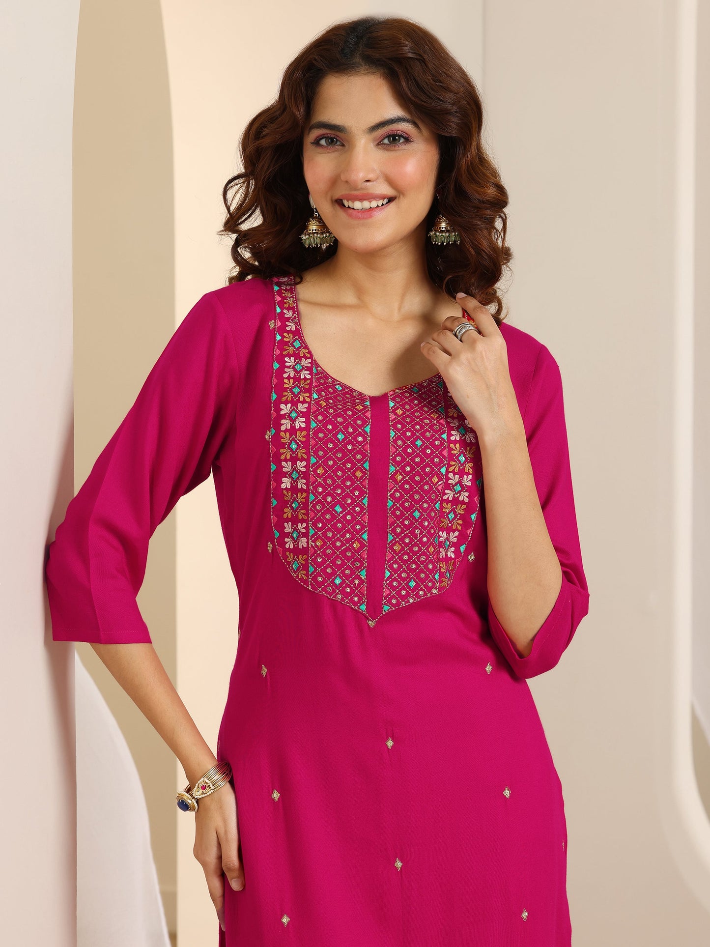 Pink Embroidered Viscose Rayon Straight Suit Set With Dupatta